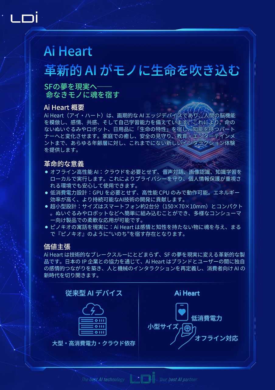 Ai Heart パンフレット 2ページ：オフライン高性能AIと低消費電力設計