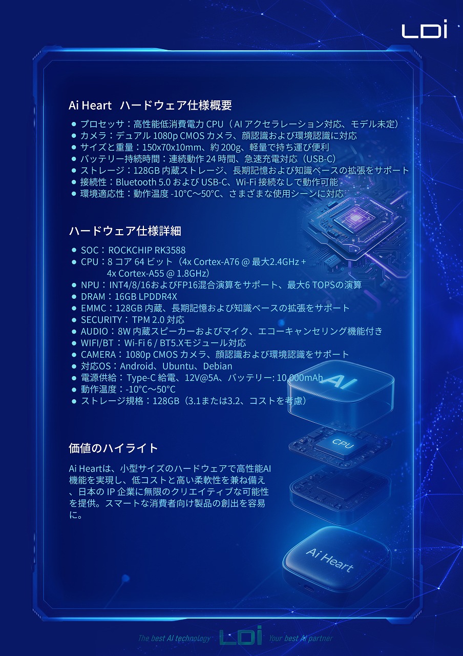 Ai Heart パンフレット 5ページ：詳細スペック SOC ROCKCHIP RK3588搭載